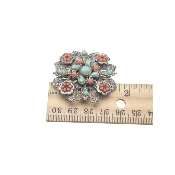 Vintage Faux Turquoise Coral Brooch Pin Silver Tone Filigree Southwestern Style - Picture 4 of 4